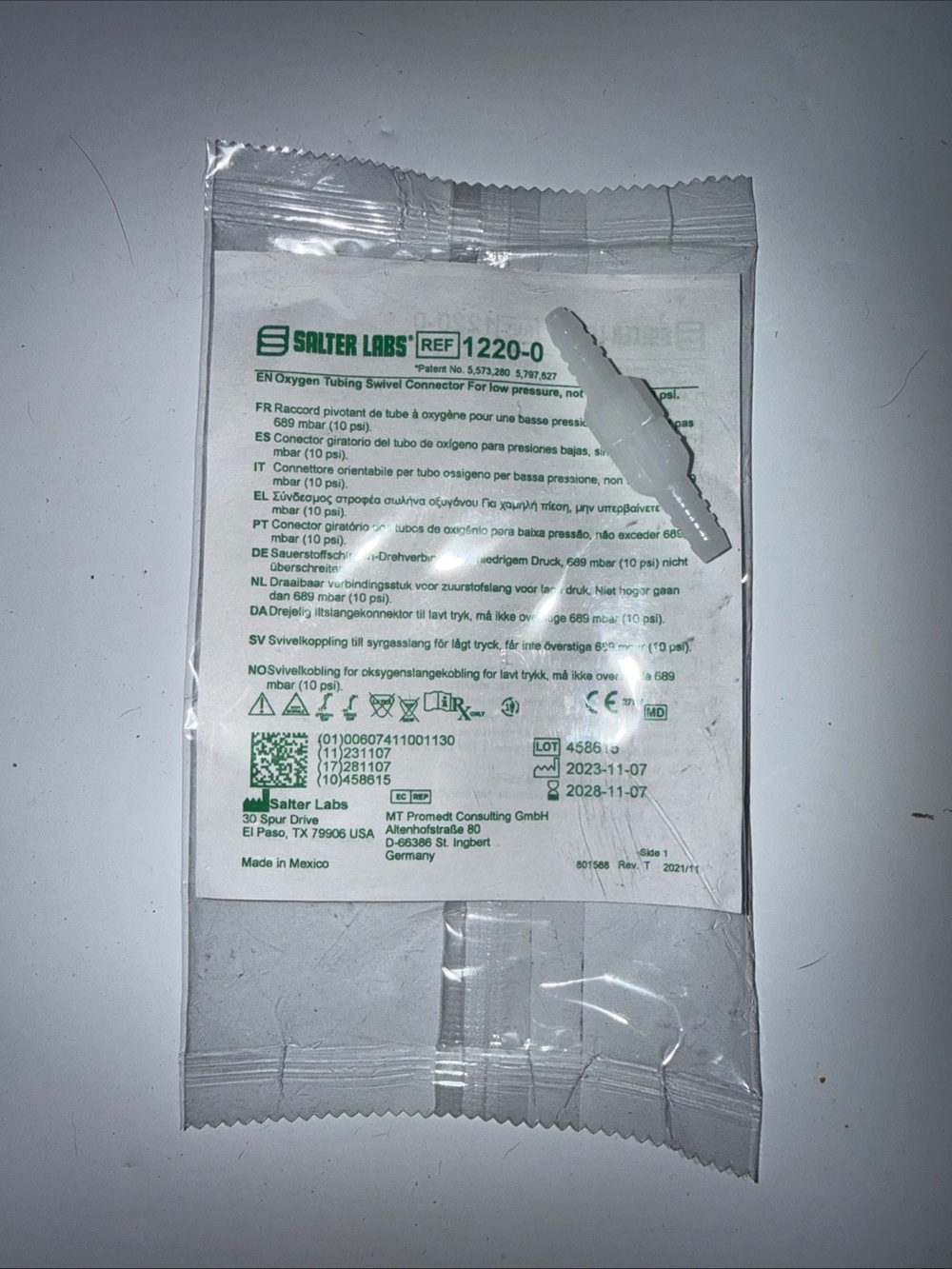 Salter Labs Oxygen Tubing Swivel Connector White Disposable 1220-0 Single Use